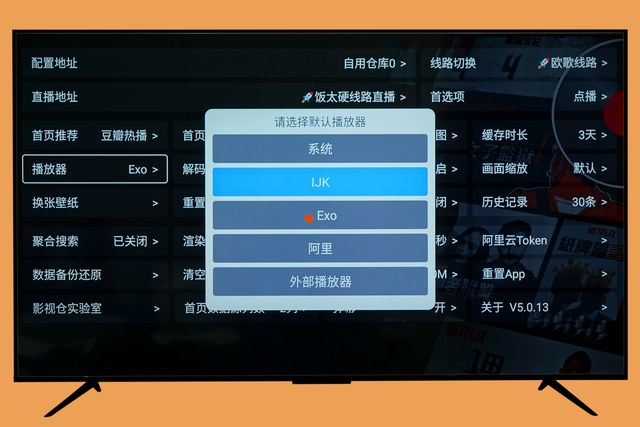 设置页总览,可以看到配置地址、播放器、解码方式等选项
