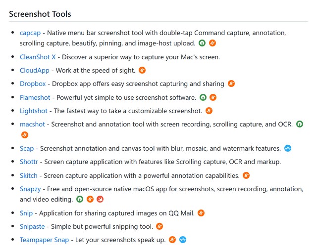 awesome-mac 的分类条目:每条都标注了开源、免费或来自 App Store