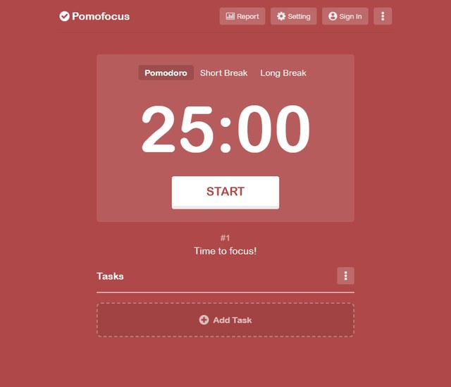 Pomofocus 打开就是一只 25:00 的番茄钟计时器