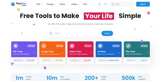 TinyWow 首页:PDF、图片、视频、AI 写作、文件五个分类与各栏工具数量